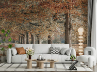 Warm Fall Splendor wall decoration, sunlit woodland walk, thick trunks.