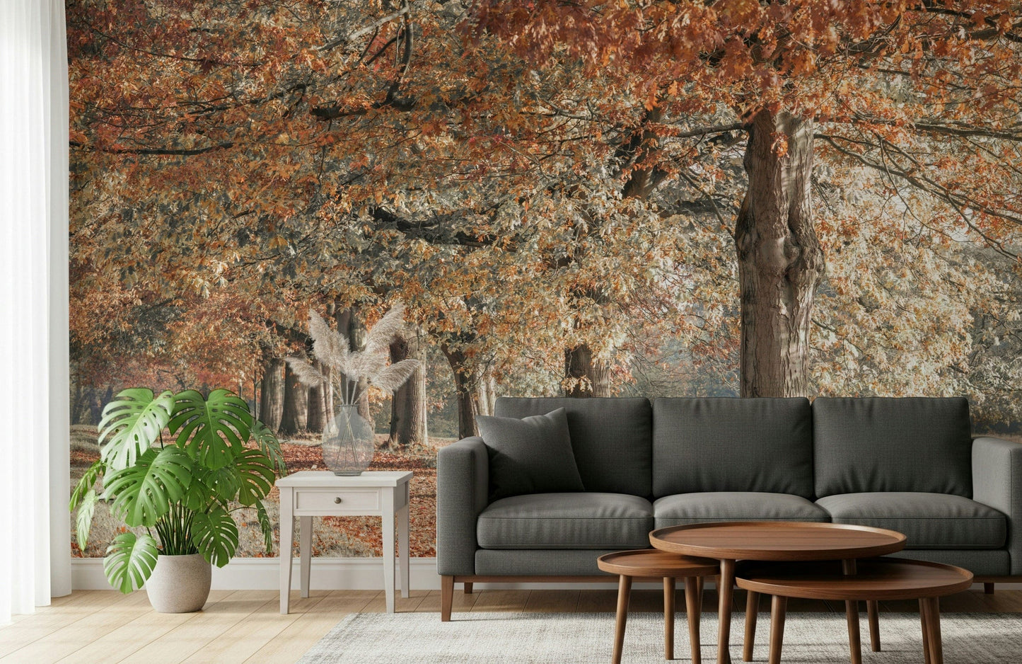 Decorative Fall Splendor mural, majestic oak trees, autumnal colors.