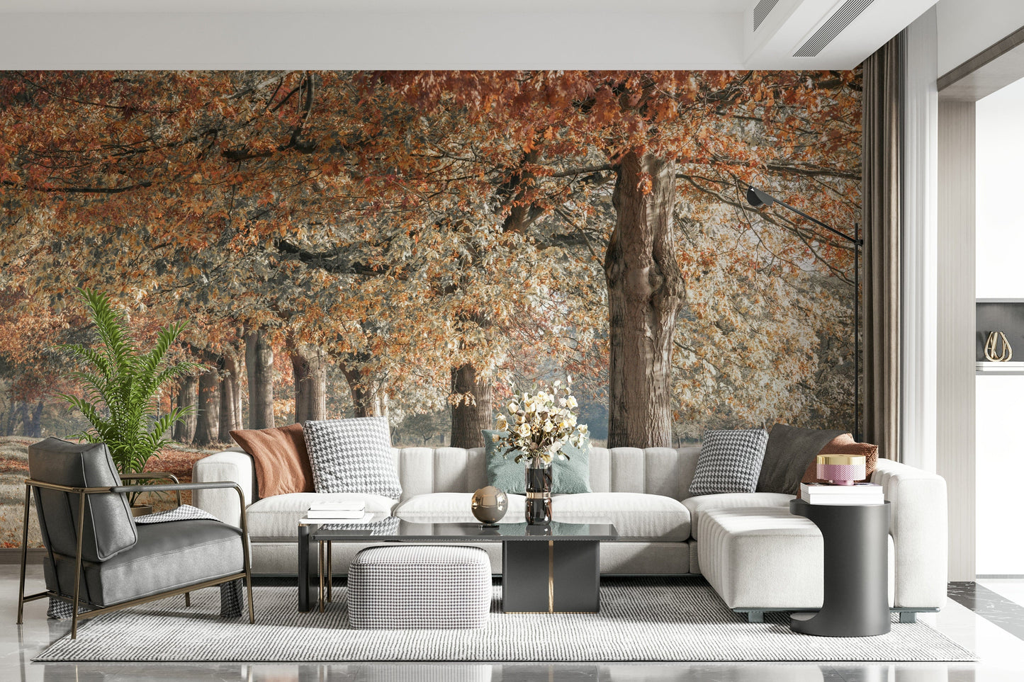 Atmospheric Fall Splendor wall covering, path of fallen foliage.