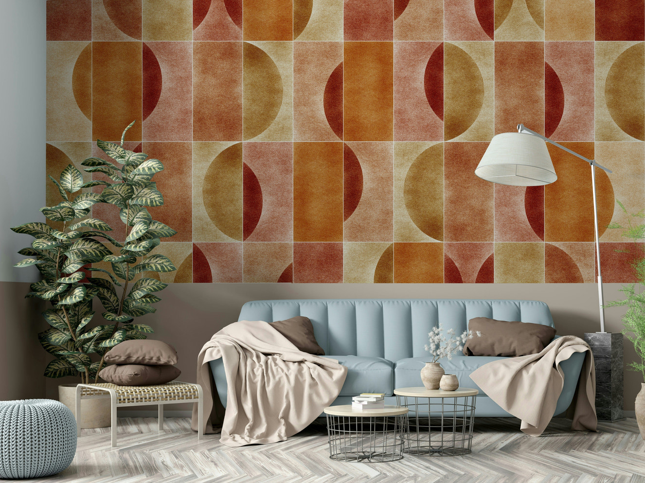 A peaceful wall mural with an abstract geometric pattern.

