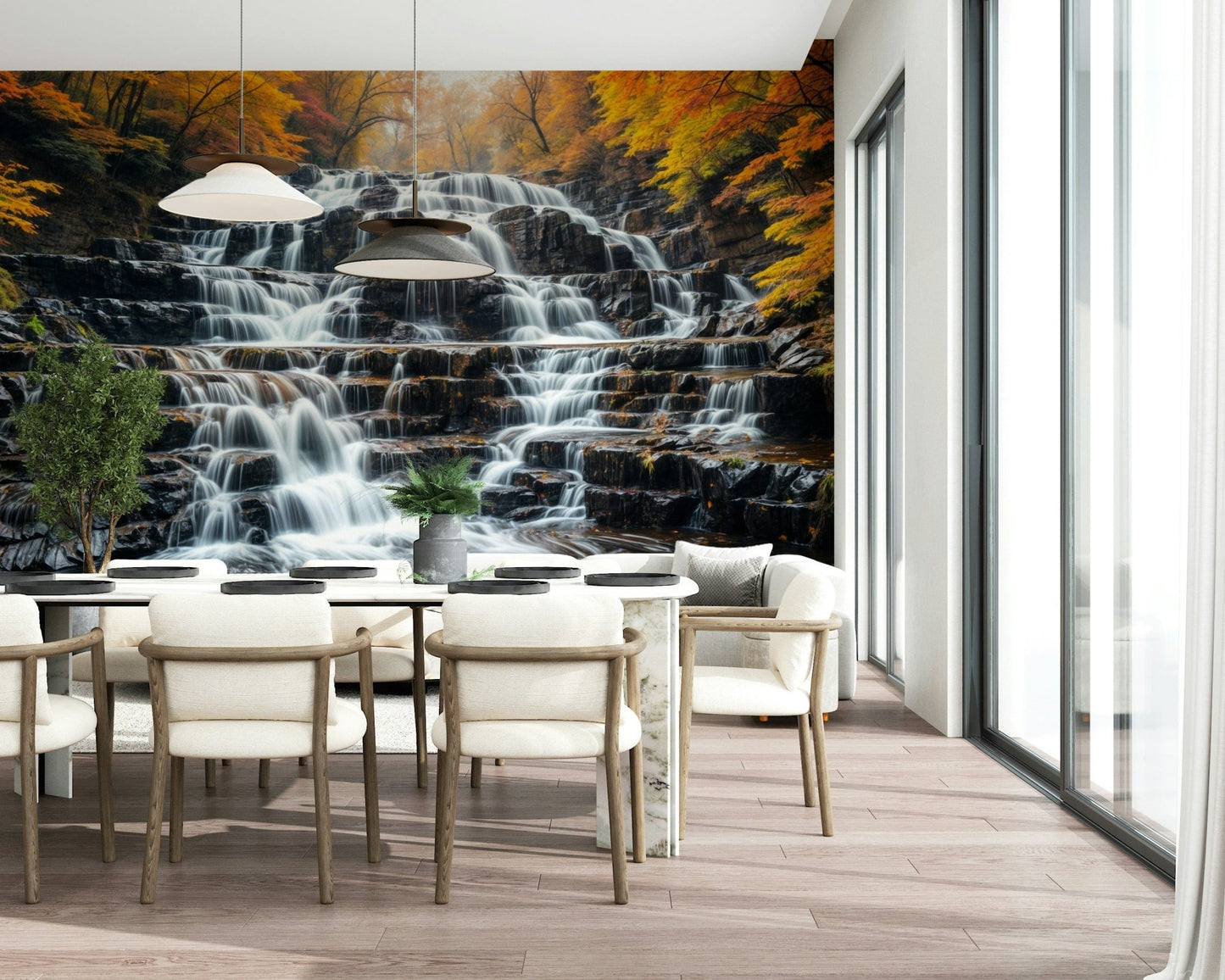 Large waterfall wall mural in entryway, autumn leaves and mist, modern feature wall