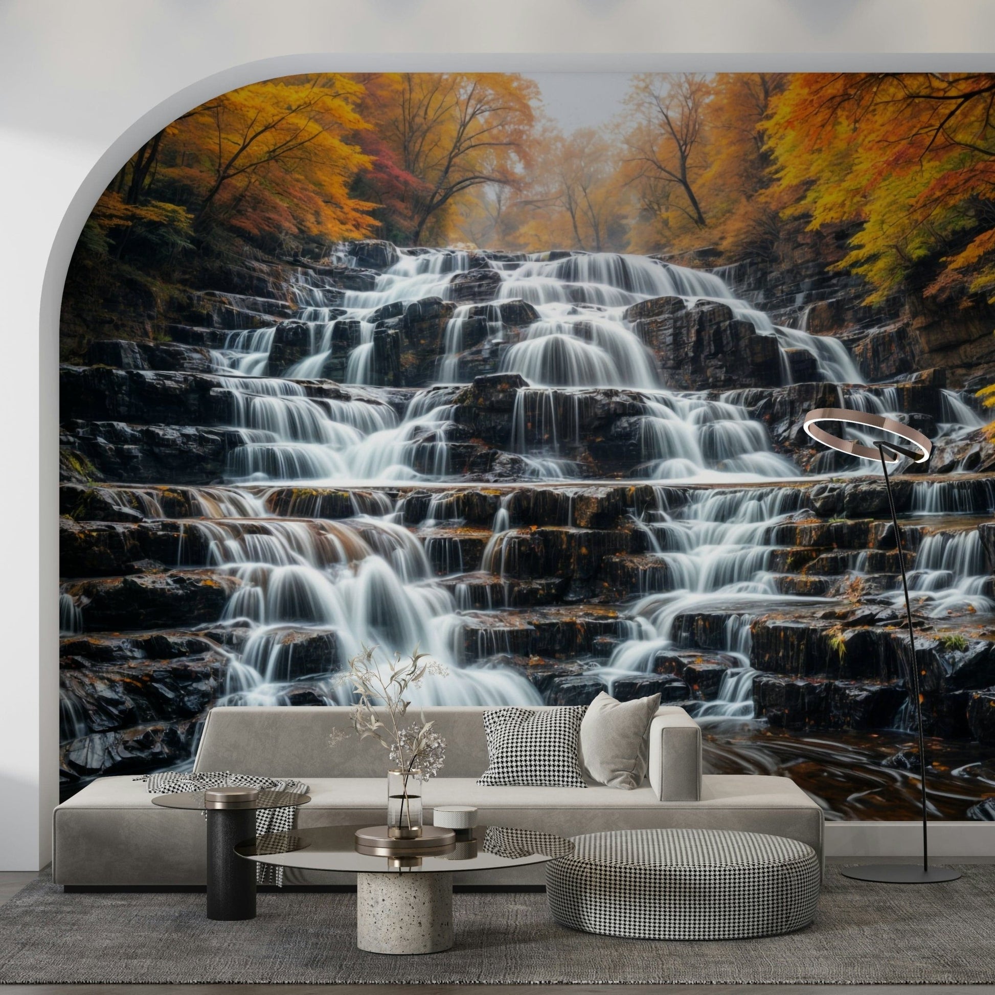 Waterfall mural with fall trees in bedroom, soft lighting, modern apartment wall decor