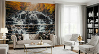 Waterfall and autumn forest mural in dining room, modern decor, statement wall background