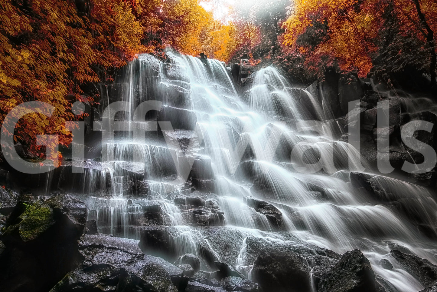 A high-quality serene waterfall wall mural for walls.

