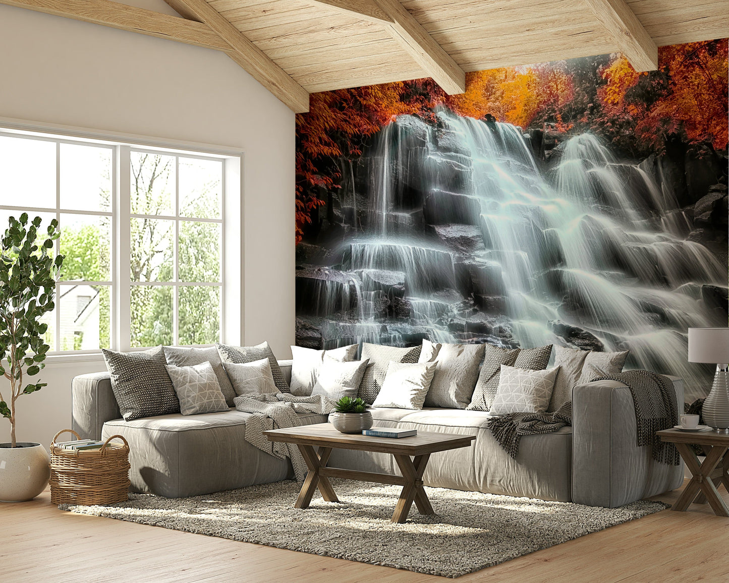 A serene nature scene wall mural in golden fall colors.

