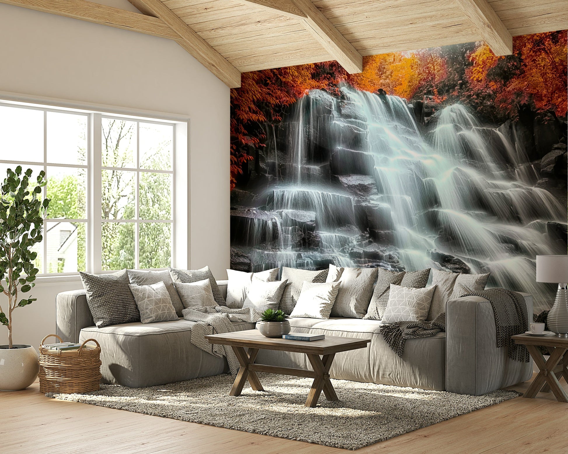 A serene nature scene wall mural in golden fall colors.


