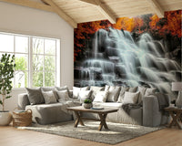 A serene nature scene wall mural in golden fall colors.

