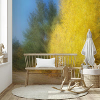 The wallpaper is applied seamlessly, making the whole wall a single piece of art.

