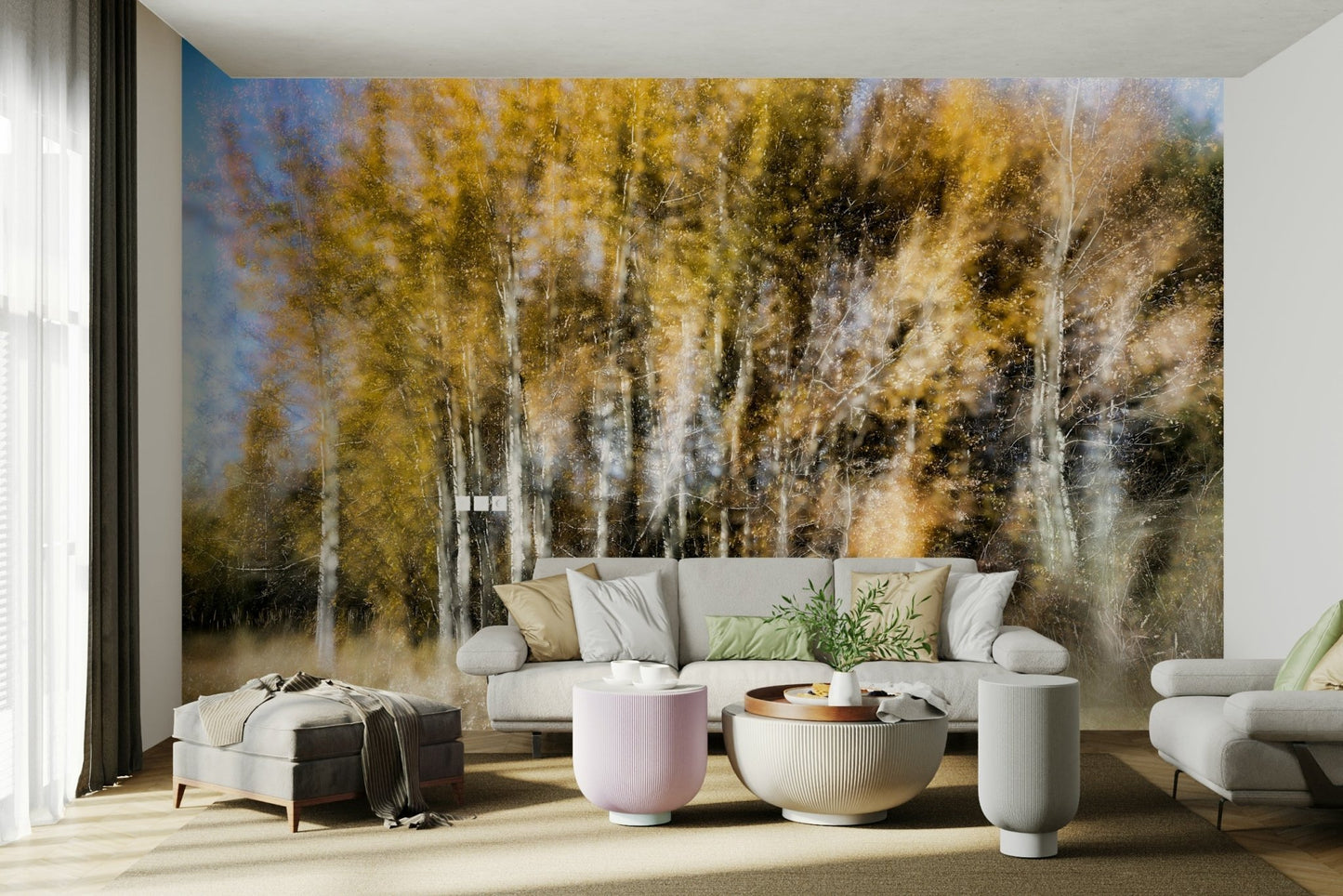 Vertical lines suggest the trunks of trees in a tranquil forest.

