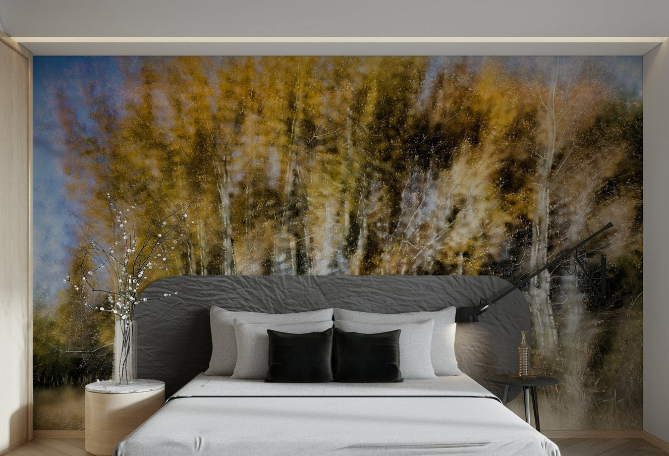 The wallpaper is applied seamlessly, making the whole wall a piece of art.

