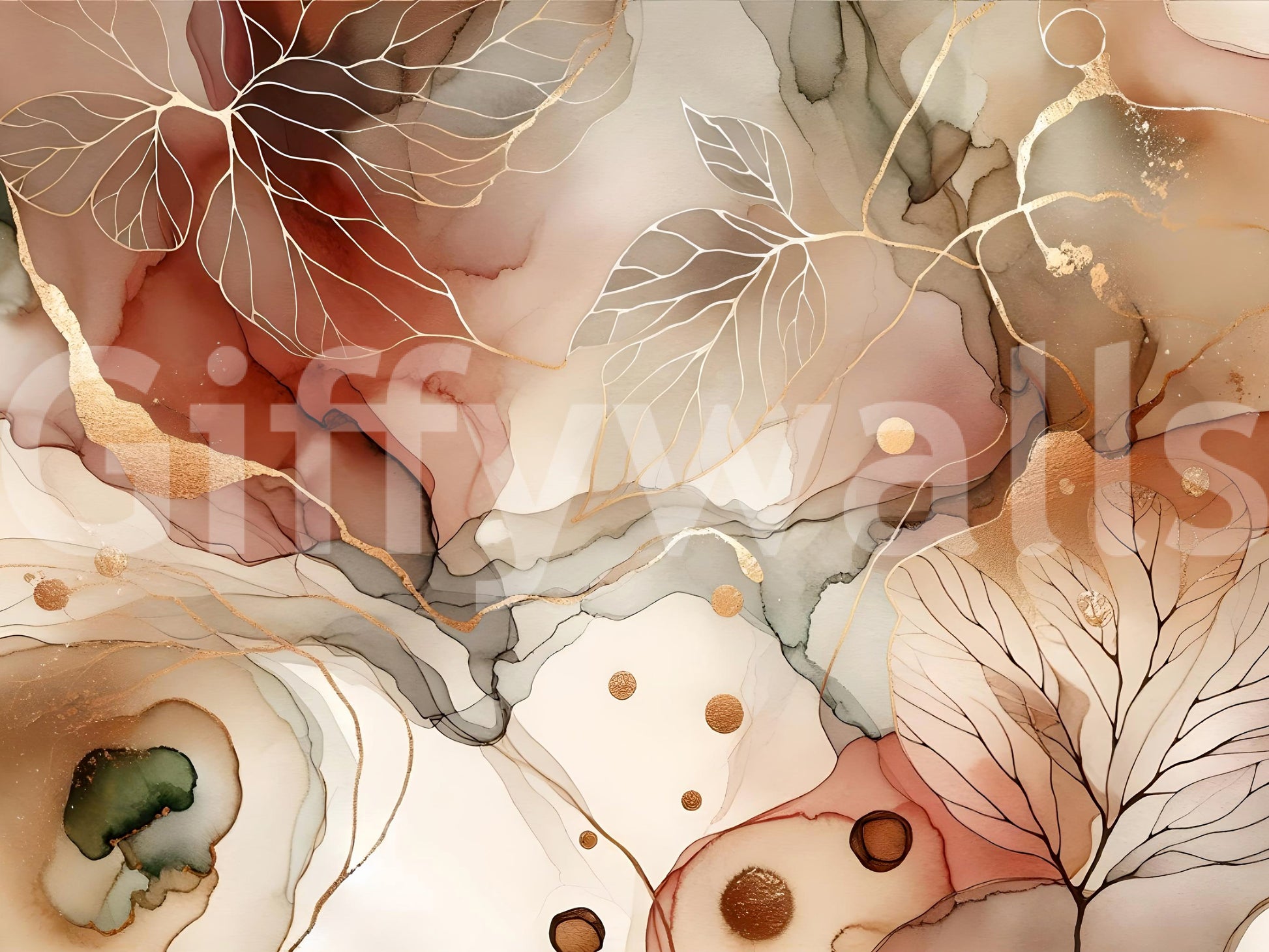 Peaceful autumn wall mural with soft hues of fall leaves and nature’s beauty.


