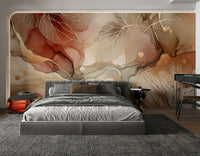 Autumn Whispers Wall Mural with fall leaves in warm amber and gold hues.

