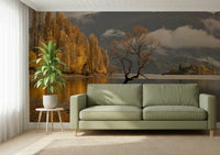 Seasonal beauty, lake reflection, golden glow, Autumn Woodland Dawn Mirror backdrop.