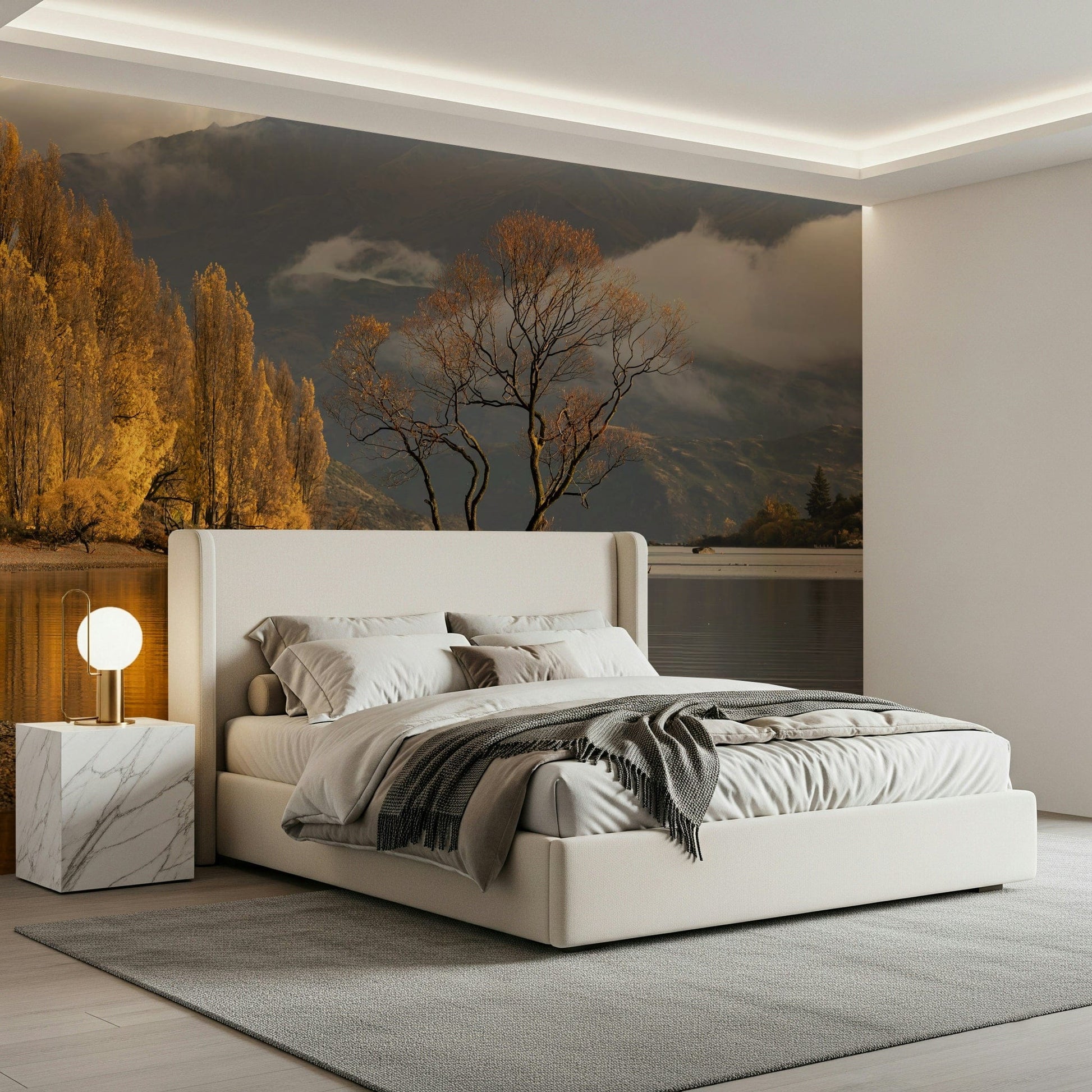 Autumn Woodland Dawn Mirror wallpaper for walls, serene golden tree on reflective lake.