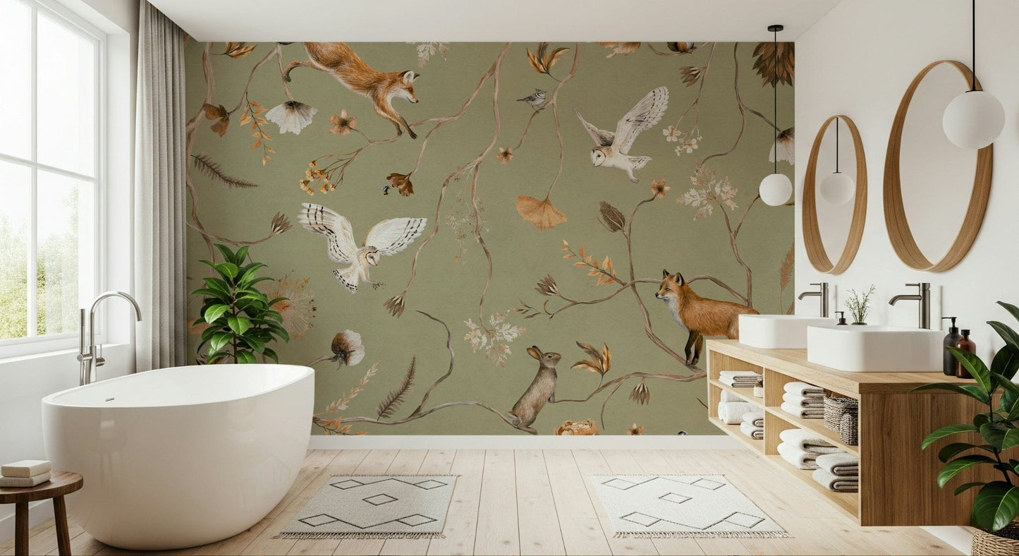 Autumn-themed wall mural with trees, falling leaves, and a tranquil path