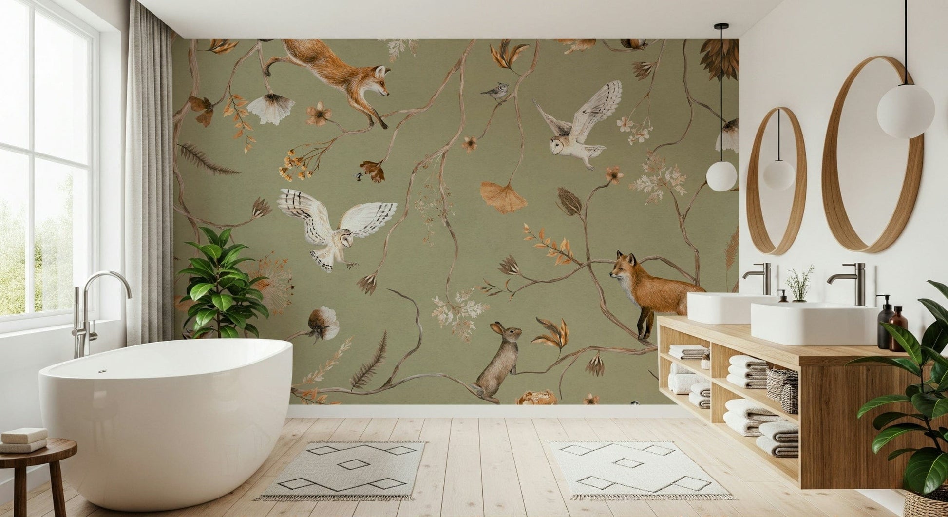Autumn-themed wall mural with trees, falling leaves, and a tranquil path