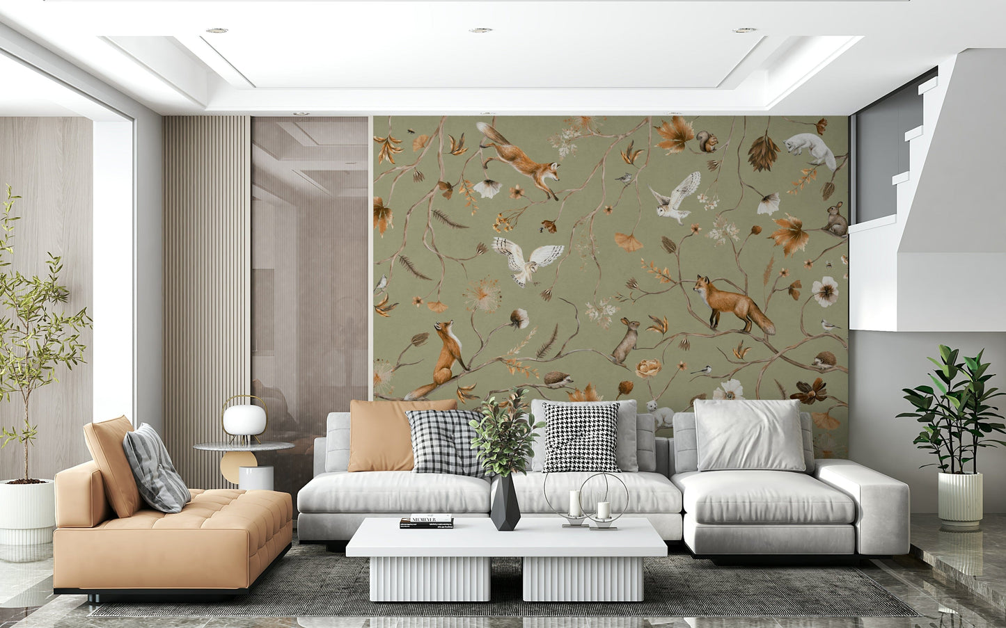 Lush fall landscape mural with golden leaves and forested scenery