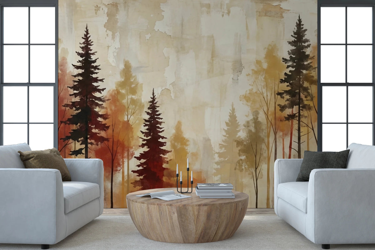 Autumnal Forest Haze wallpaper mural of rust and gold pines behind two white armchairs and a round wood table