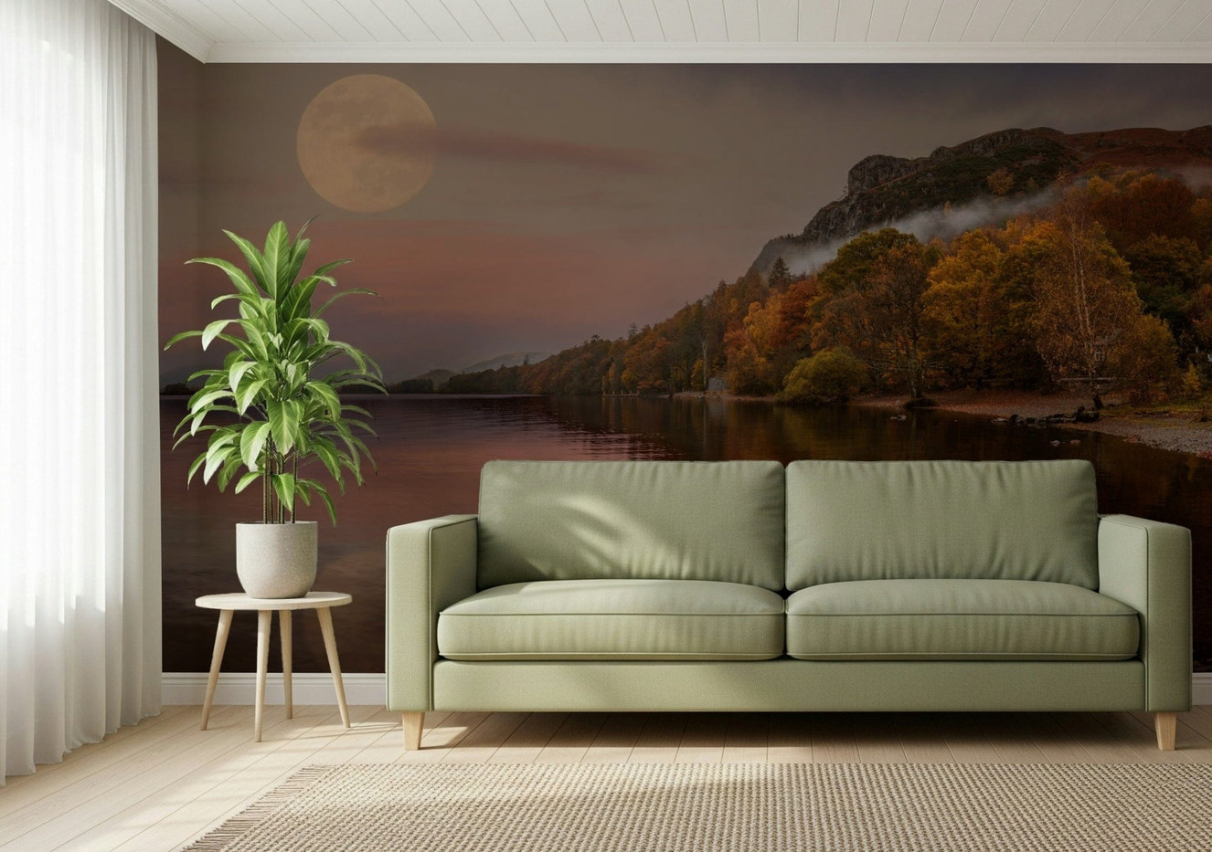 Autumn lake mural with moon glow for modern living room wall decor