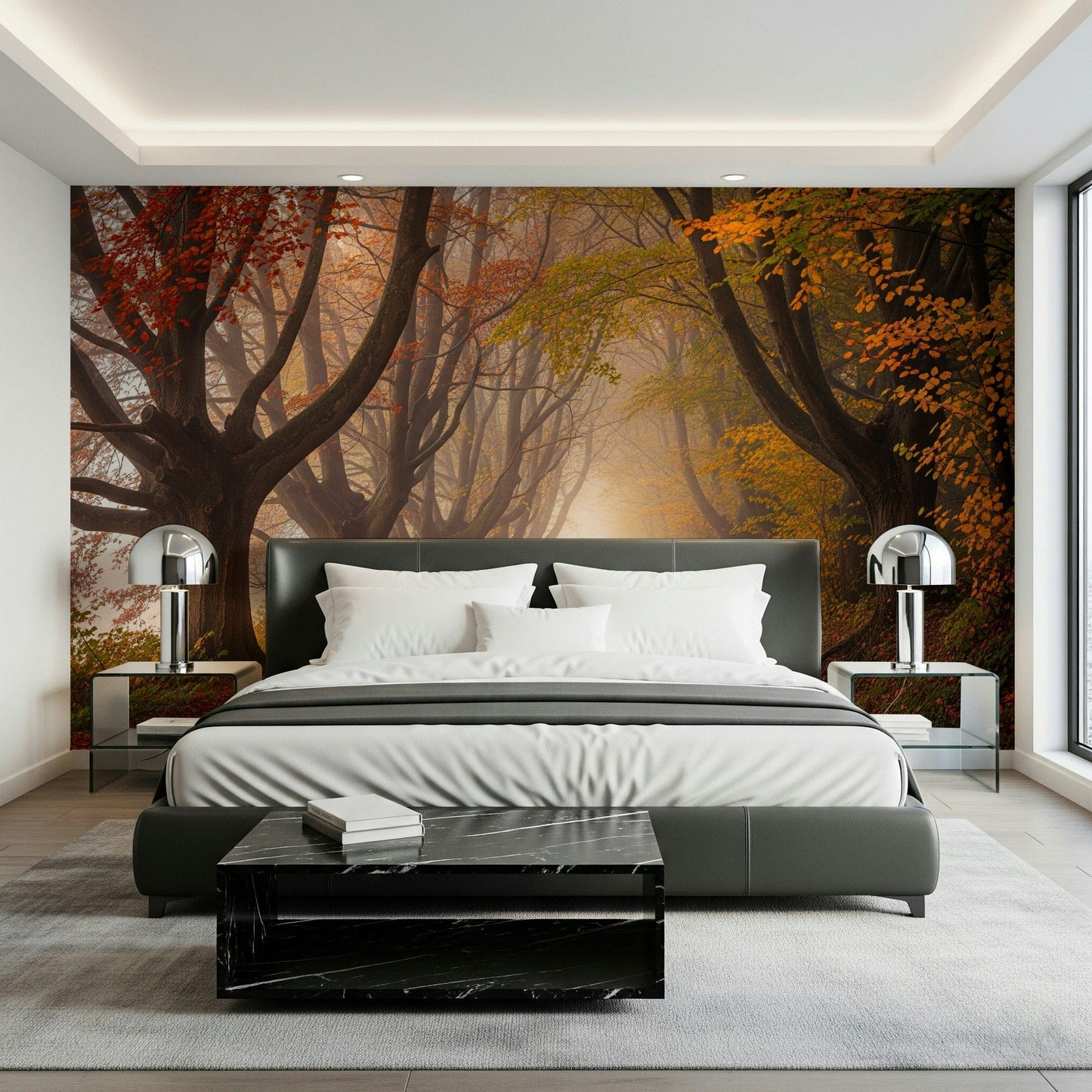 Autumn countryside road wall mural in dining room, amber trees, peaceful scene
