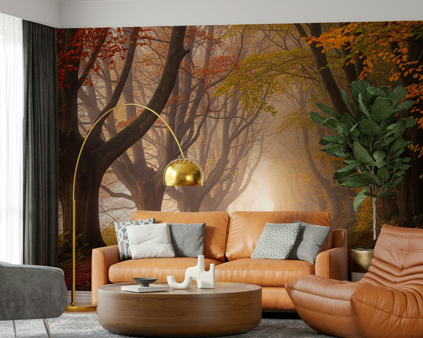 Forest road mural in home office, warm colour leaves and soft light, tidy home décor