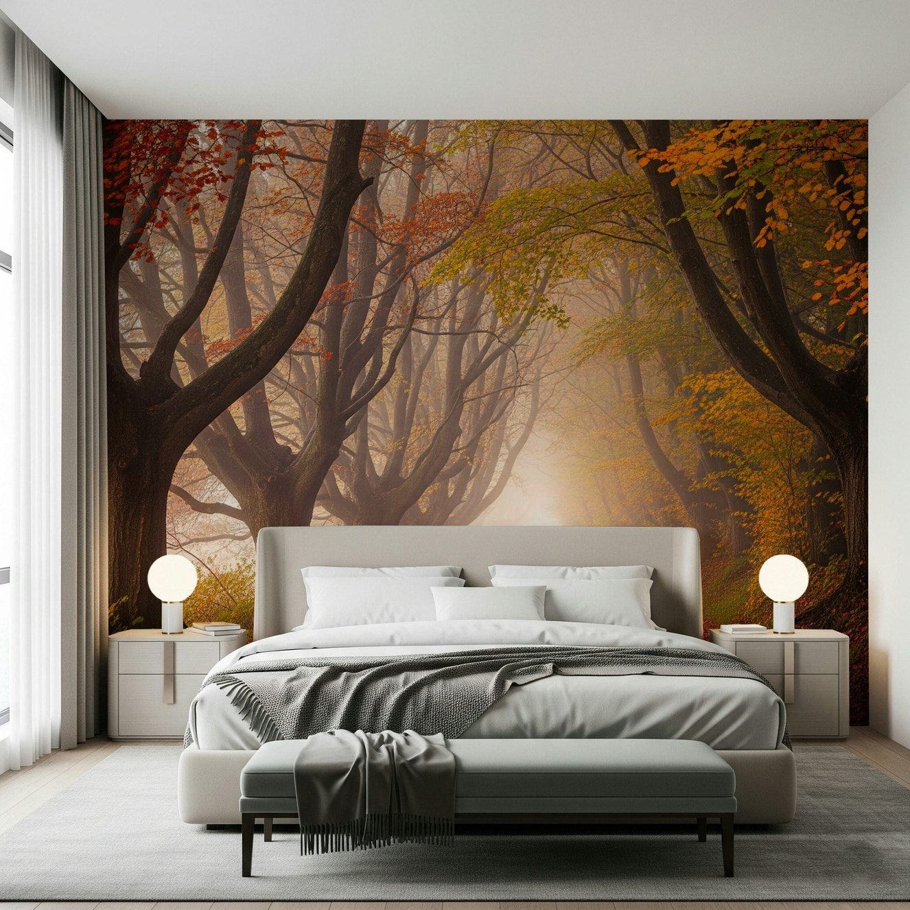 Autumn road wall mural in living room, golden trees and quiet path, feature wall home décor
