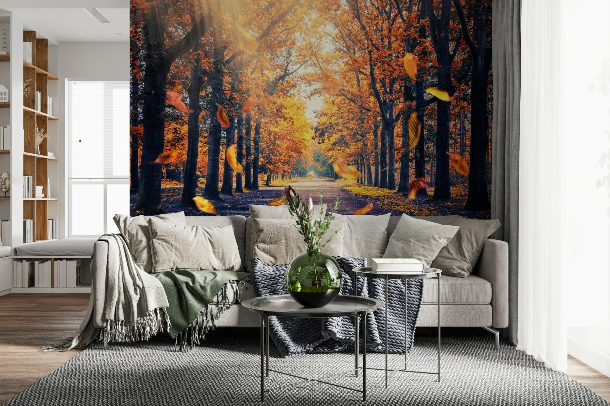 Autumn forest wallpaper showing a golden tree-lined path with fallen leaves