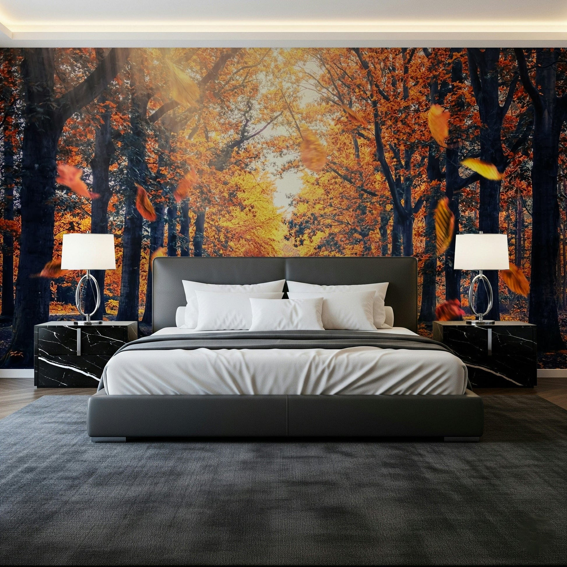 Tree wallpaper with a soft-light autumn forest scene and leaf-strewn ground