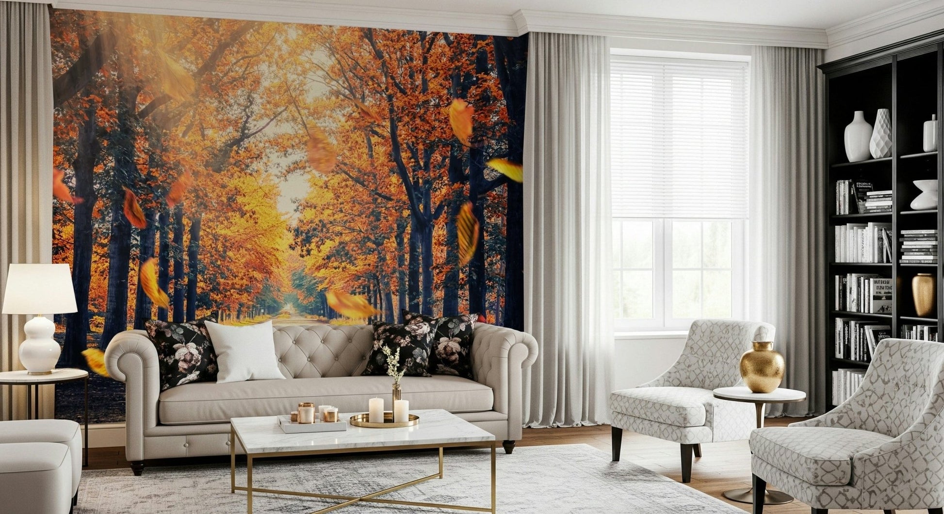 Forest wallpaper depicting sunlight through autumn trees along a quiet path