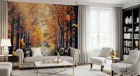 Forest wallpaper depicting sunlight through autumn trees along a quiet path