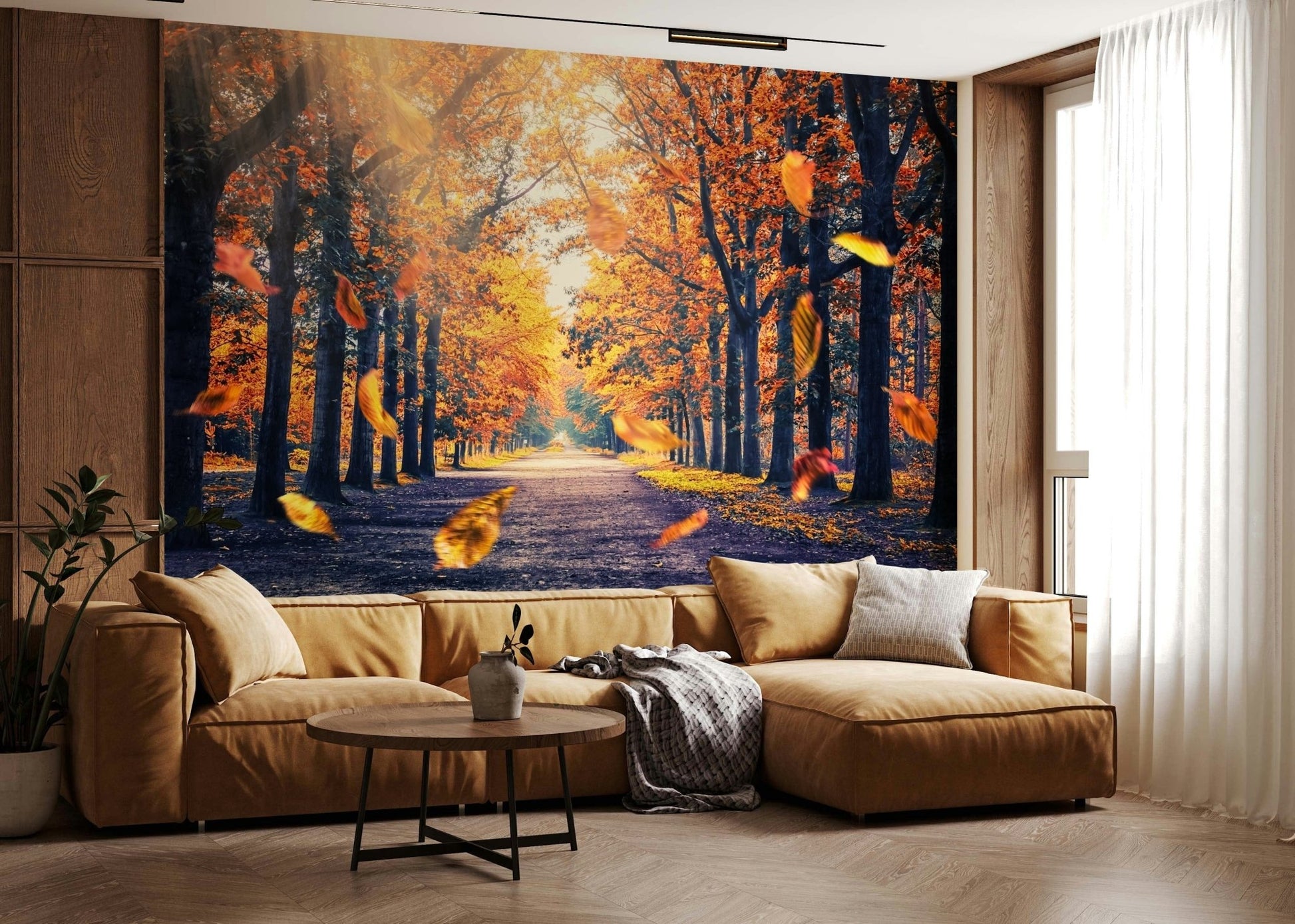 Forest wallpaper of a tranquil autumn woodland pathway