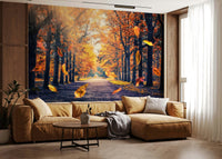Forest wallpaper of a tranquil autumn woodland pathway