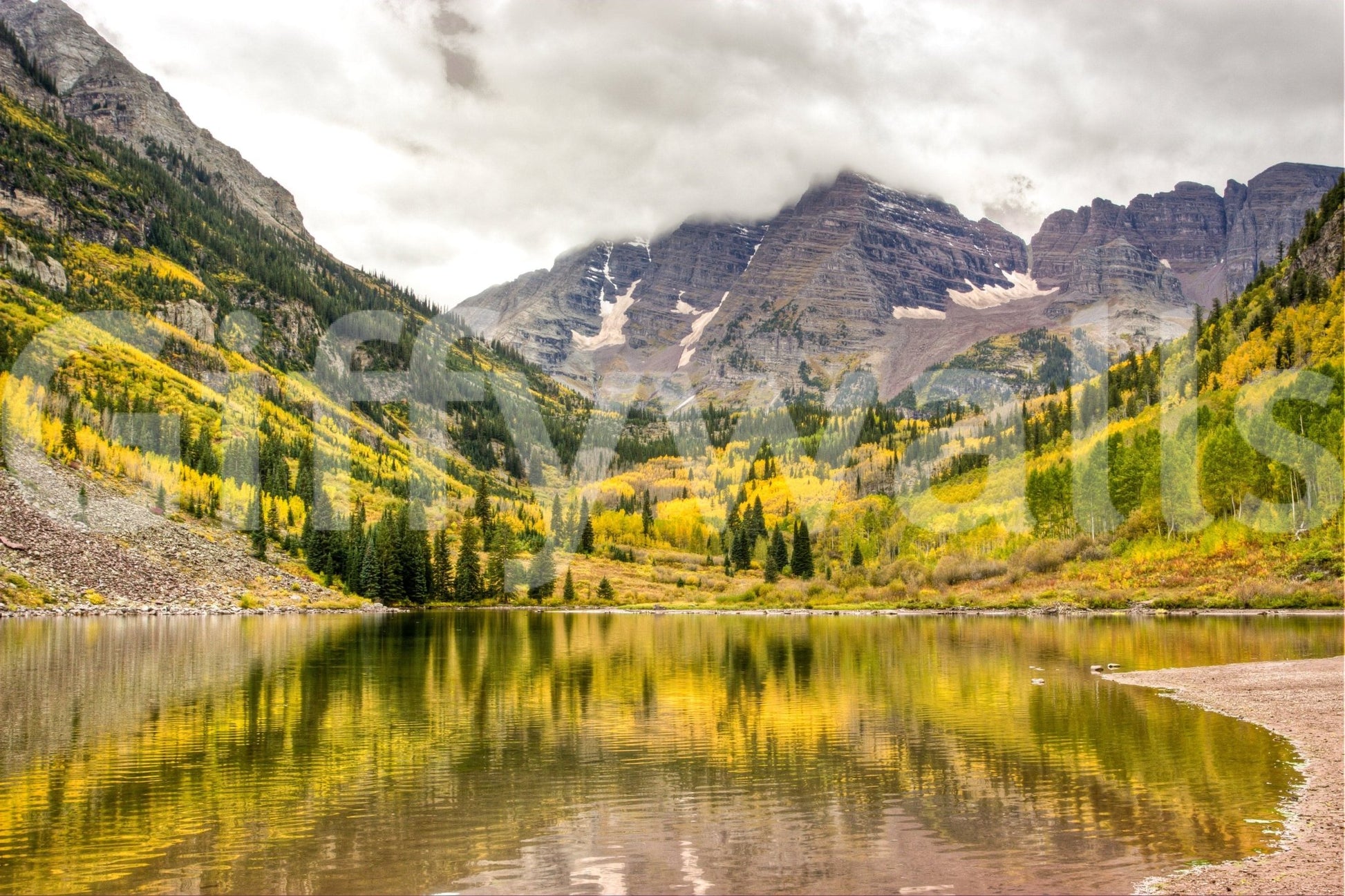 Autumn's Palette mountain lake wall mural in lounge, warm color tones, modern decor