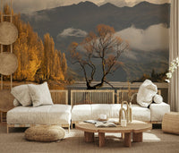 Autumn forest reflection mural in reading nook, golden color tones, cozy wall decor style