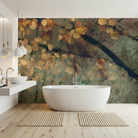 Traditional forest wallpaper in a warm colour palette for a lounge.