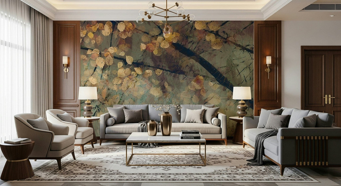 Woodland photography used as a backdrop for a modern kitchen diner.