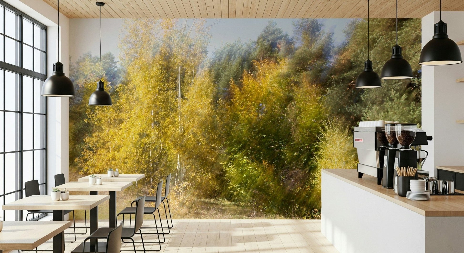 Autumn forest blur wallpaper behind sofa in apartment, modern wall decor
