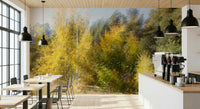 Autumn forest blur wallpaper behind sofa in apartment, modern wall decor