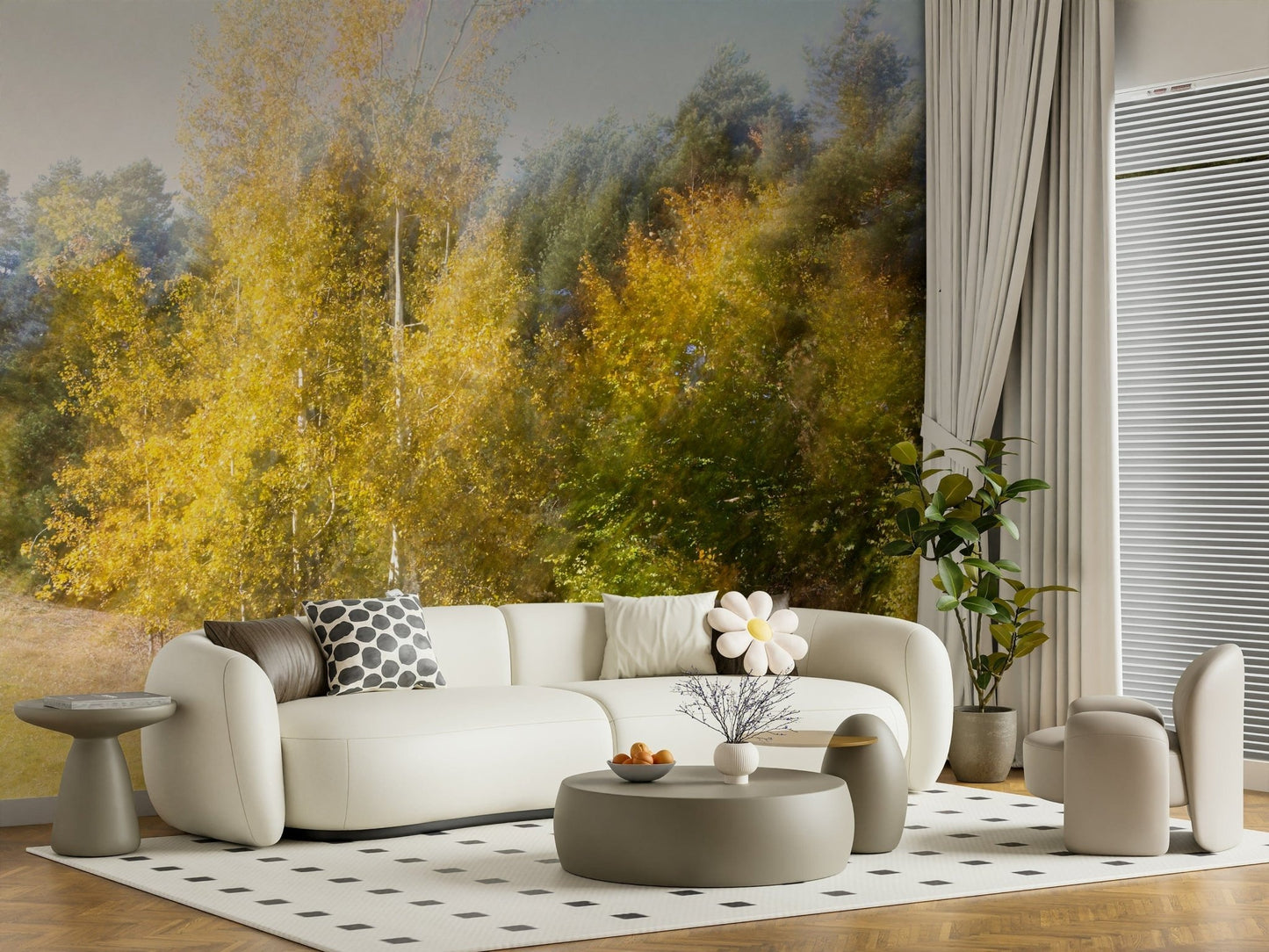 Golden trees photo mural in bedroom, soft focus, warm color tones