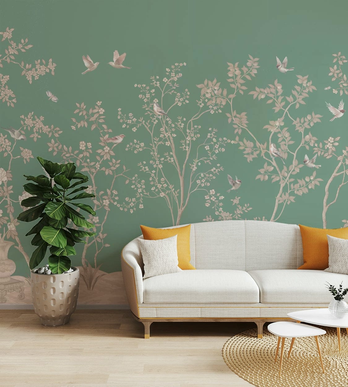 The design features graceful birds among blooming flowers and branches.

