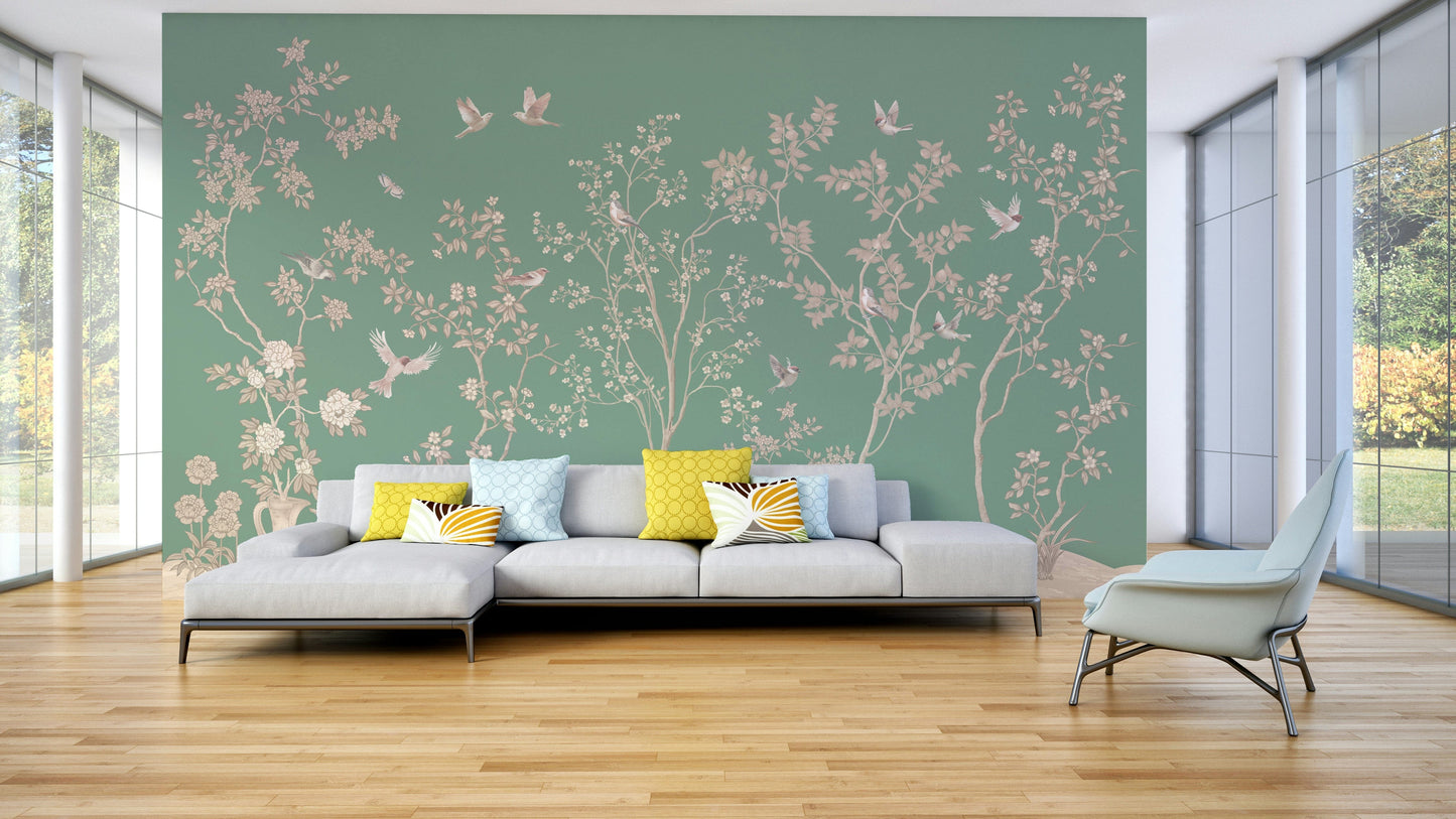 A peaceful wall mural with a design of birds and flowers.

