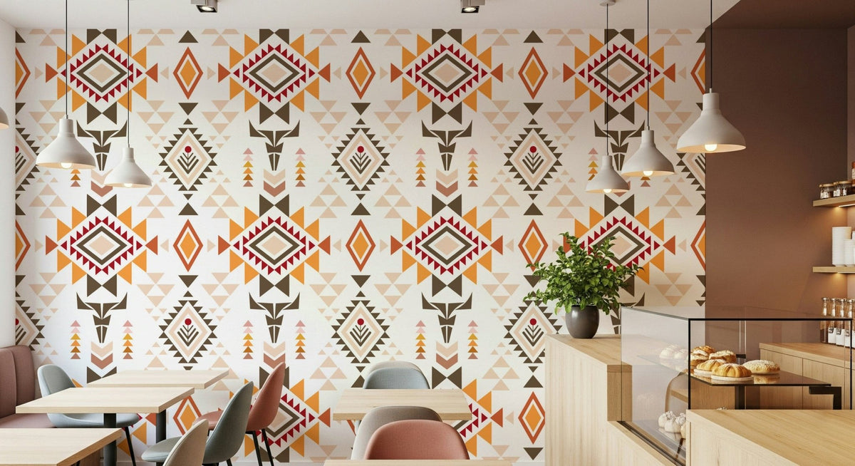 Aztec Echo wallpaper with orange and brown tribal diamonds in a cafe with pendant lights and pastry counter