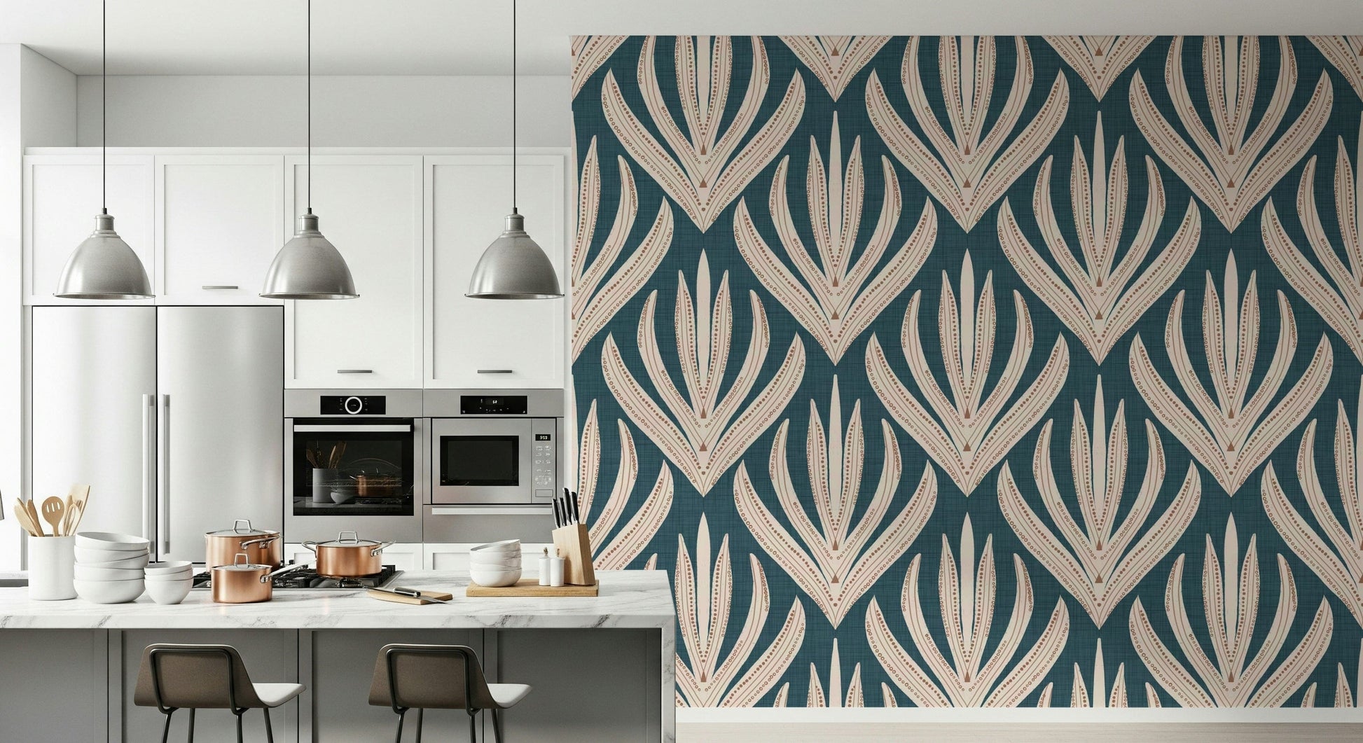 Decorative wallpaper mural with striking Aztec-style botanical elements on a rich teal backdrop.