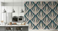 Decorative wallpaper mural with striking Aztec-style botanical elements on a rich teal backdrop.