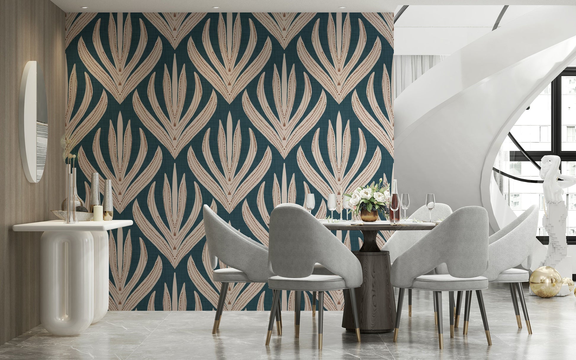 Modern Aztec Flora wallpaper showcasing large symmetrical leaf-inspired designs in cream and rust accents.
