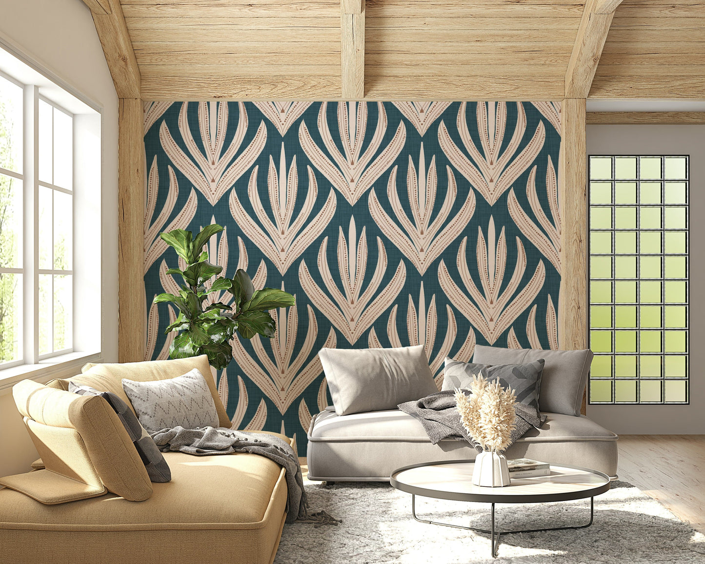 Modern Aztec Flora wallpaper featuring bold cream botanical motifs on a deep teal background.