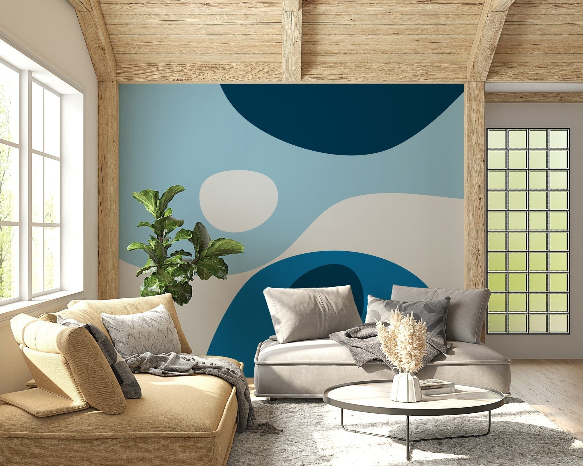 A soothing abstract wallpaper featuring flowing shapes in deep navy, sky blue, and soft white tones.
