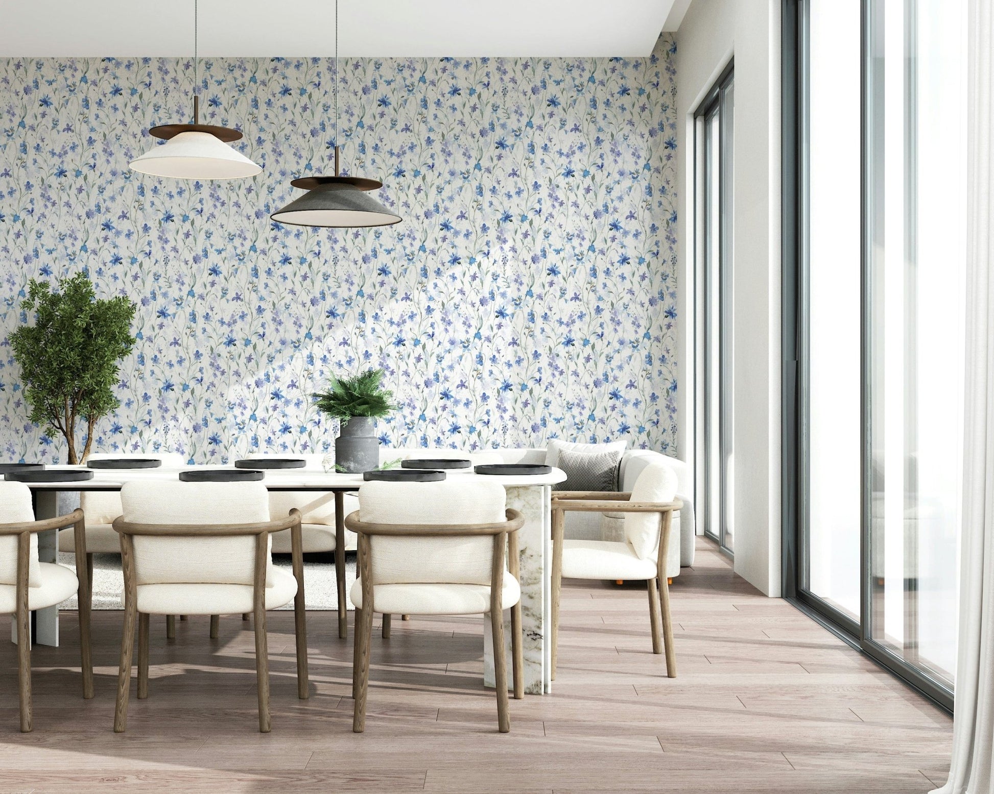 Close up of the detailed blue petals and garden stems on wall decor.
