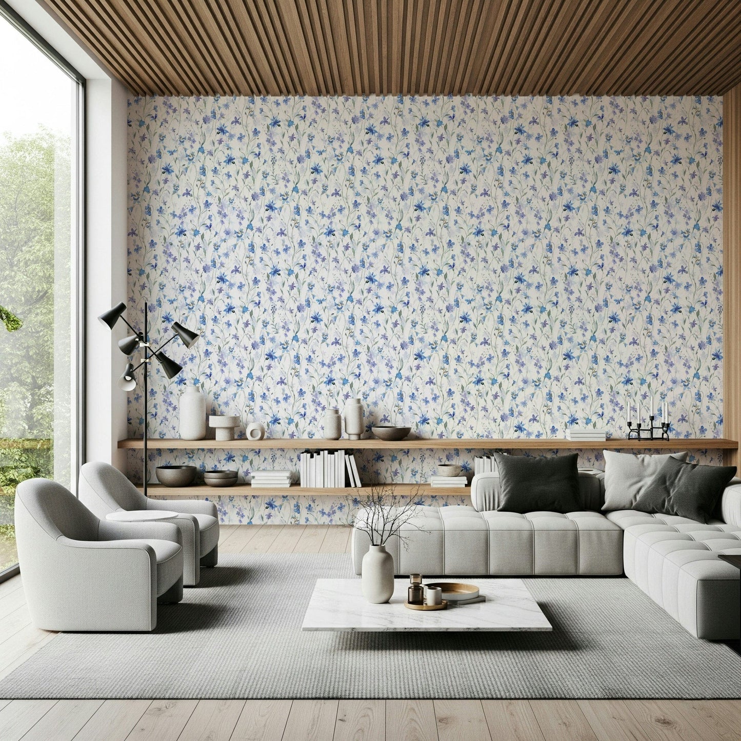 Interior design mockup of a studio apartment with large scale botanical wall art.