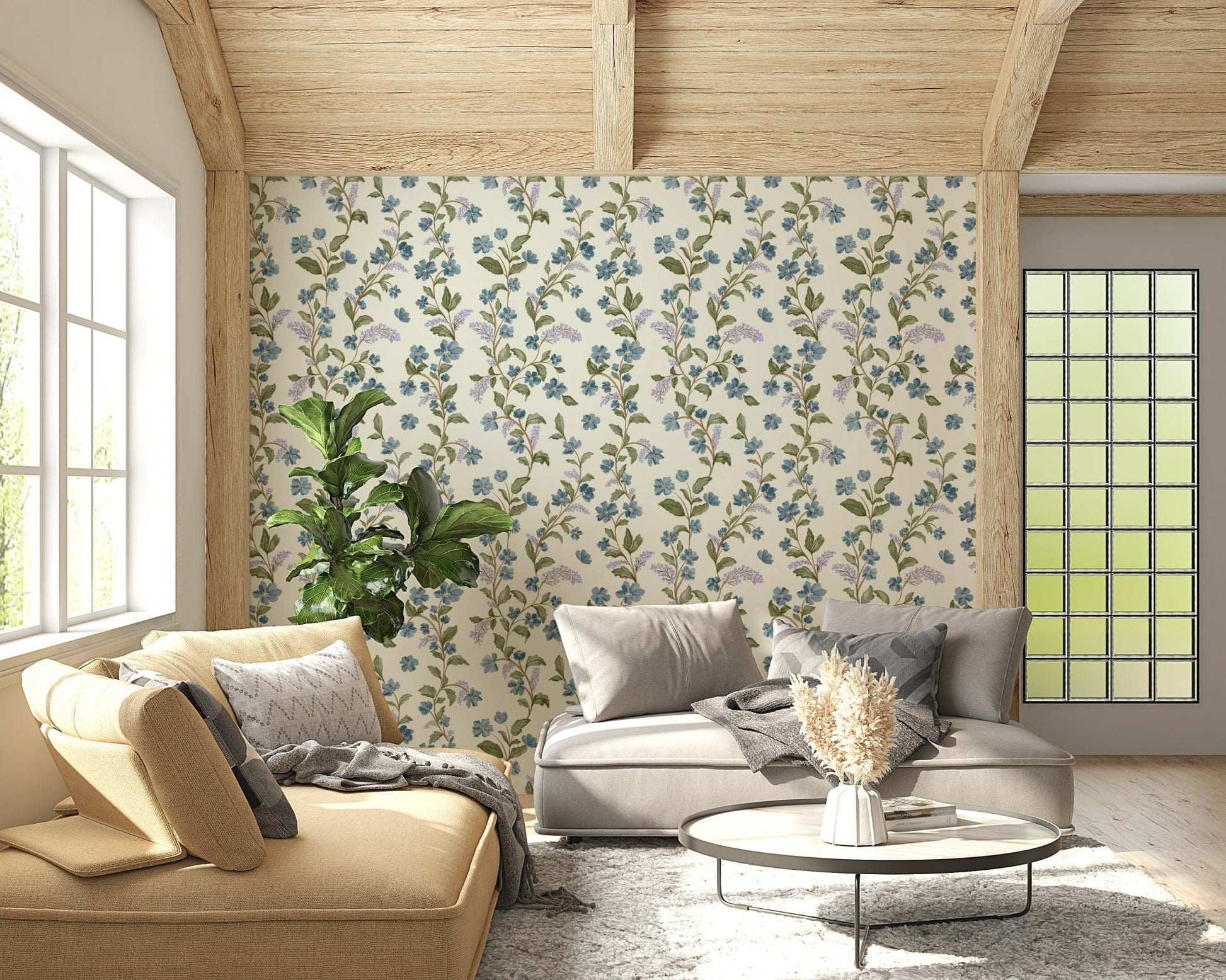Serene Azure Bloom Trail wall mural creamy background botanical illustration.